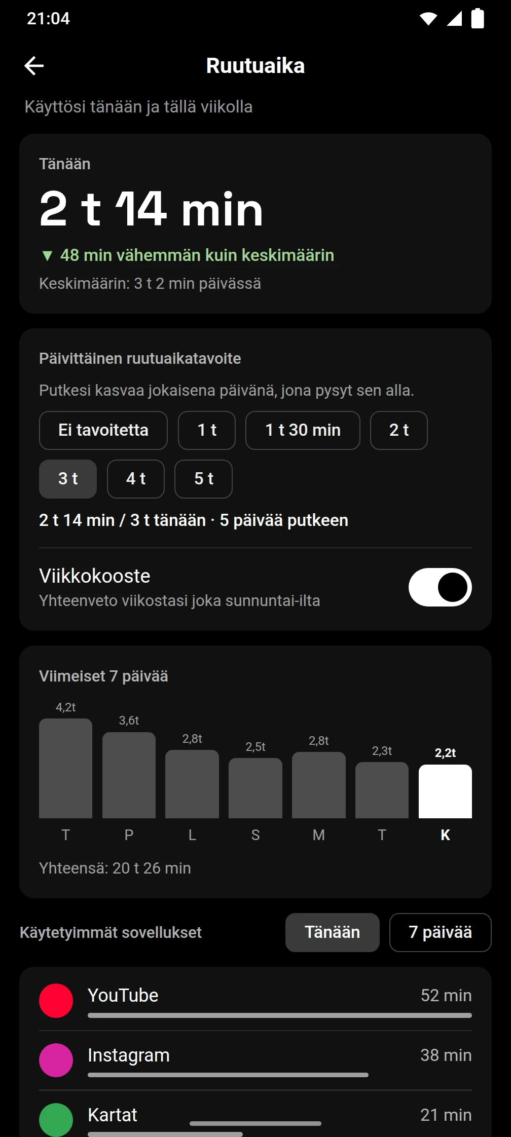 Kuvakaappaus Timeout-sovelluksesta